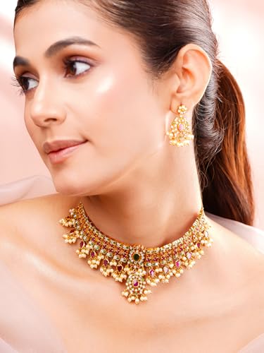 Image of Rubans Choker Set Gold Plated Kundan Traditional Jewellery Gift for Women & Girls