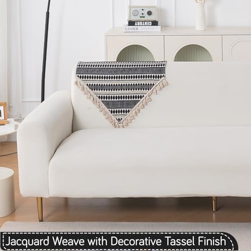 Image of HOKIPO 'Artisan Boho Series' Sofa Backrest Cover with Tassel | 450 GSM Thick Cotton Acrylic Jacquard Fabric Backrest Mat, Size 55x80 cm, Charcoal Black (IN-900-A3)