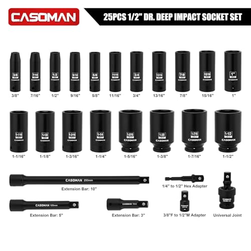 CASOMAN 25 PCS 1/2" Drive Deep Impact Socket Set with Case, 6 Point, 3/8" - 1-1/2", SAE, Include Extension Bars, Socket Adapter, Drill Adapter and Universal Joint - image 2