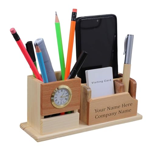Image of EpicLane Customizable Wooden Pen Holder with Clock, Visiting Card Holder & Mobile Stand | Personalized Name Engraving Desk Organizer (Modern)