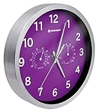 Bresser Funkuhr Wanduhr MyTime Thermo-Hygro mit geräuschlosem Funkuhrwerk, Edelstahlrahmen und Anzeige für Temperatur und Luftfeuchtigkeit, lila, 25 x 25 x 4.6 cm