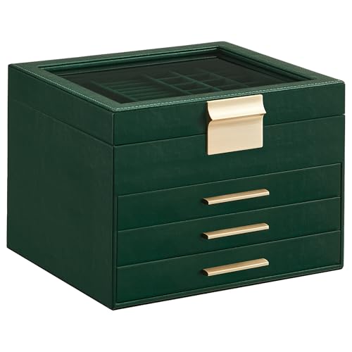 SONGMICS Jewelry Box Organizer with Glass Lid, 4-Layer Jewelry Storage, with 3 Drawers, Modern Style, Christmas Gift, 8 x 9.1 x 6.5 Inches, Forest Green and Gold Color UJBC173C01 4 Layer (8"