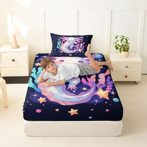 Image of jejeloiu Cute Axolotl Bed Sheets Set Twin Size Cartoon Pink Axolotl Bed Set for Kids Boys Girls Romantic Deep Pocket Fitted Sheet Breathable Soft Lightweight Microfiber