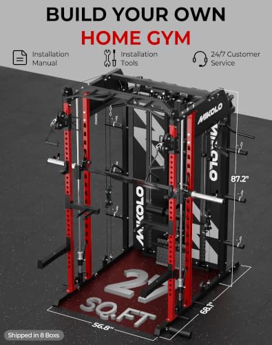 Image of Mikolo Smith Machine with Weight Stack, Power Cage Home Gym System with LAT Pulldown & Cable Crossover, Multi-Functional Trainer with Dual Pulley System, Includes 10+ Free Attachments