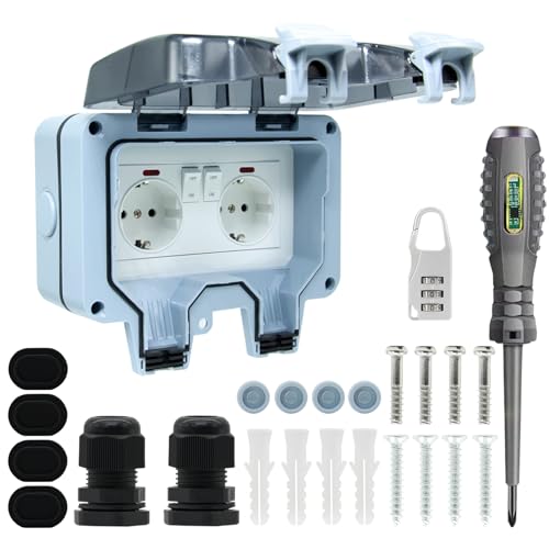 Enchufe de Exterior Impermeable Toma de Corriente IP66 con Interruptor doble conexión,Conector de Cable y Tapa Abatible,para Cocina Baño Garaje Piscina y Jardín (MPG2-GSN, 1 Piezas)