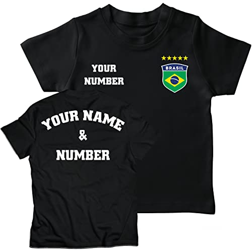 lepni.me Kids Brazil Football T-Shirt Your Name and Number | Brazilian Flag Badge Personalised Jersey Custom | World Cup 2022