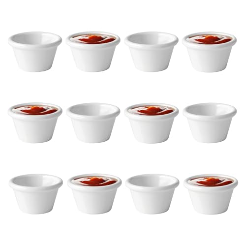 Chabrias Pack of 12 Plain White 2oz Traditional Ramekins, Condiment Pots, Sauce Ramekins, Dip Bowls, Tough Plastic Sauce Pots, Made in England