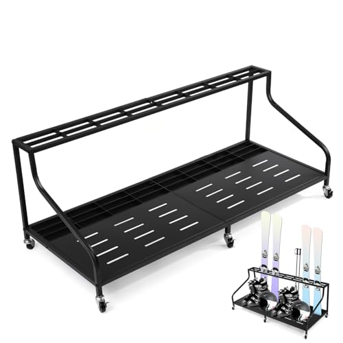 Ski Storage Rack for Garage, Snowboard Display Rack with Wheels Indoor & Outdoor Garden Tool Storage Rack Multifunctional Freestanding Ski Holders for Snowboard Ski Organizer Basement Garage