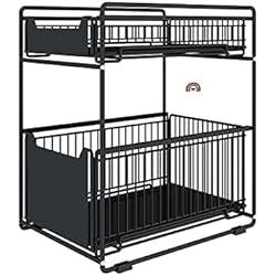 Mueble Fregadero Con Cajones 2 Niveles Organizador con Cajón de Almacenamiento Estante bajo el lavabo, estantería de armario flexible para fregadero con 2 niveles, estante con 2 cestas extraíbles para cajón (37,4*26,5*44cm-negro)