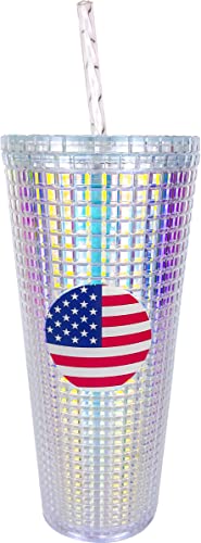 Image of Spoontiques - Diamond Tumbler - Textured Cup with Straw - Double Wall Insulated and BPA Free - 20 oz - Americana Diamond Cup