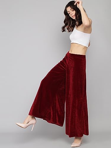Image of Vaararo Party Trousers for Women | Shiny Velvet Fabric Wide Bottoms Stylish Palazzo Pants