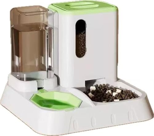 【自動餌やり機】ペット用2機能 自動給餌器&給水器 猫/犬兼用 重力式設計 電源不要 大容量 多頭飼育対応(2匹用)転倒防止・静音構造 水洗い可能 防カビ加工 清潔維持 お手入れ簡単 中小型犬猫用 えさやり機&みずのみ器セット (ホワイト/グリー)