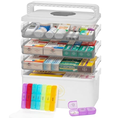 XIAPIA 4-Stöckige Medikamenten Aufbewahrung XL Medikamentenbox mit Tragegriff & Stapelbar Inklusive 7-Tage Regenbogen Tablettenbox Platzsparende Erste-Hilfe-Kasten für Zuhause & Camping