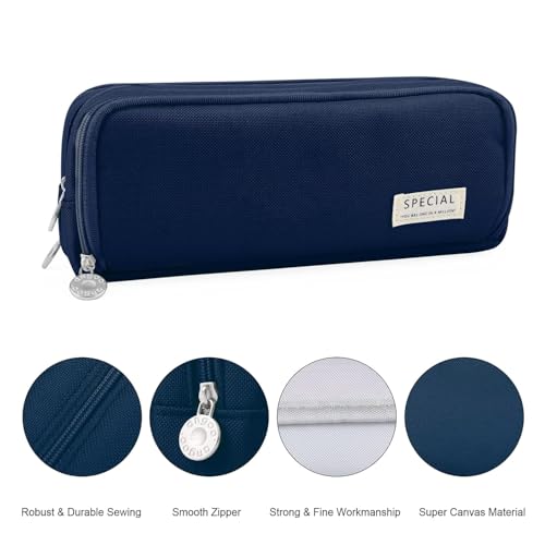 Image of Canvas Large Capacity Pencil Case with 3 Compartments, Metal Zipper Pen & Pencil Pouch for School, College, Office, Boys & Girls, Travel Stationery Bag Organizer (Blue)