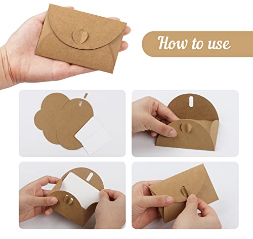 Mocraft 25 Mini Briefumschläge mit 25 Karten Vintage Kraftpapier Umschläge mit Herzverschluss für Geldgeschenke, Dankeskarten, Einladungen, DIY Geschenkkarten