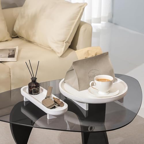 Image of 2 Pcs Round Wooden Decorative Tray, Coffee Table, Bathroom Vanity, Kitchen Counter, White, Rustic Wood Tray Decor