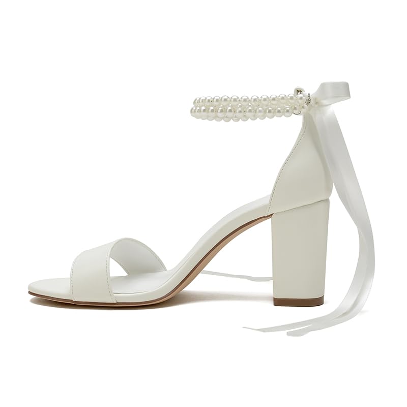 Women's Wedding Block Heels for Bride Women Pearls Chunky Heeled Pumps Open Toe Bridal Shoes Sandals3