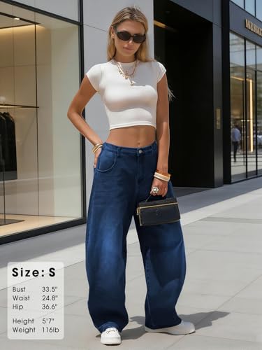 Image of EXLURA Womens Barrel Jeans Wide Leg Y2K Boyfriend Denim Pants Hip Hop Vintage Baggy Jeans Cotton Mid-Low Elastic Waist Pants