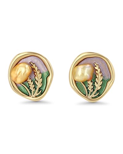 18K Gold Plated Purple Irregular Button Enamel Freshwater Pearl Statement Earrings for Women by SNGIA, Colorful Green Plant Round Handmade Chunky Trendy Summer Studs Jewelry Gifts, Swirl Beachy Flower Geometric Fashion Baroque Accessories, Vintage Classy Circle Nickle Free Floral Earrings.