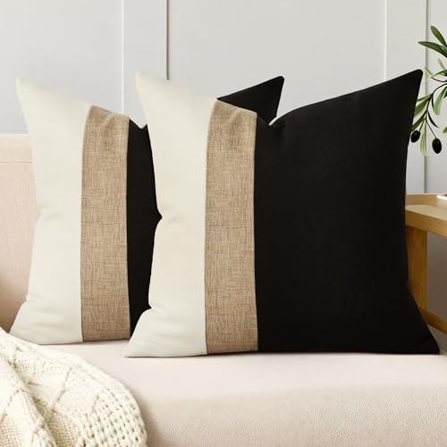 QoBexim Farmhouse Pillow Covers 18x18 Inch Set of 2 Black and Beige Linen Patchwork Decorative Throw Pillow Covers Boho Modern Accent Square Cushion Cases for Couch Sofa Bed Home Decor