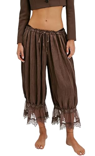 Image of NUFIWI Women Ruffle Long Bloomer Y2k Lace Trim Pettipants Pantaloons Mid Rise Cropped Pajama Pants Under Dress Slips