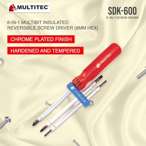 Image of MULTITEC 6-in-1 Multibit Reversible Screwdriver Set | Electrician Tool Kit with PH0, PH1 & PH2 Alloy Steel Bits | Quick Change Handle | Heavy Duty Electrical Repair & Maintenance Tool | Made in India