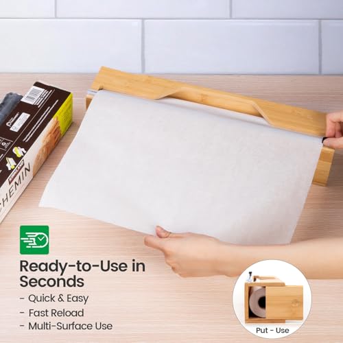 Long Foil and Plastic Wrap Organizer with Cutter, Holder for 15 Inch Parchment Paper Roll, Bamboo Wall Mount Kitchen Wrap Dispenser