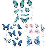 青シール タトゥーシール 蝶 おしゃれ Y2k ステッカーグリッター 防水長持ち メイク 手 腕 首 肩 足首 誕生日 ハロウィン 仮装 コスチューム小物 3枚 女性