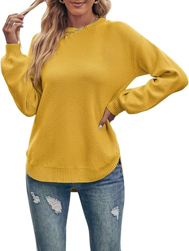 MEROKEETY Women's Fall Sweaters 2025 Cozy Knit Sweater Casual Loose Side Split Pullover Jumper Tops, Mustard, M