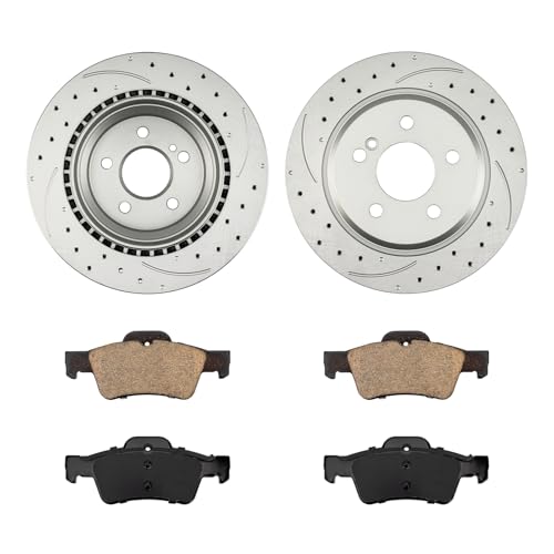 Image of KAX Rear Brake Kit, Drilled and Slotted Brake Rotors, Ceramic Brake Pads | Fits Mercedes-Benz E350, E320, CLS500, CLS550, CLS400, E500, E550, E400