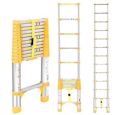 FEETE 12.5FT Telescoping Ladder, Aluminum Extension Ladder w/Triangle Stabilizers, 330lbs Capacity Retractable Ladder, Expandable Telescopic Ladder for Home, Outdoor (12.5FT,Yellow)