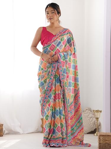 Image of Panzora Women's Chinon Printed Saree With Unstitched Blouse Piece