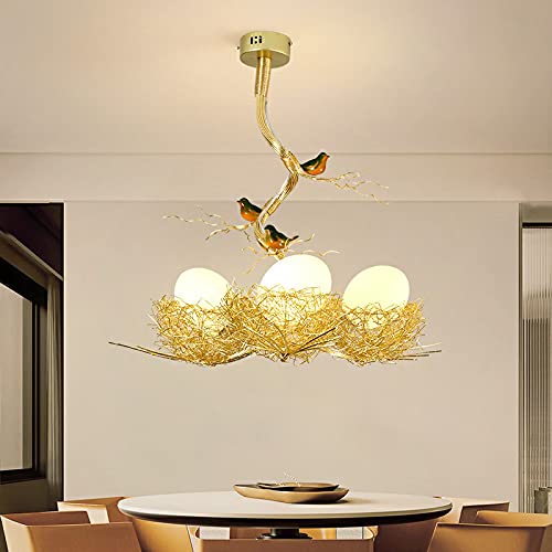 LED Pendant Light, Cream Glass Egg Pendant Lamp Chandelier Gold Chandelier Light Hanging Lamp with Nest and Bird Decoration for Kitchen Living Room Bedroom Island Restaurant Cafe, 3-Light Lucky Star