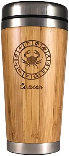 The Zodiac Mug | Premium insulated travel mug for Coffee & Tea | Natural bamboo and Stainless Steel | 15.2 oz.(450ml) | Spill Proof Lid | Slip resilient base | Wooden engraving (Cancer)