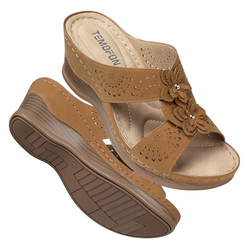 Image of TEMOFON Womens Wedge Sandals Leather: Comfortable Walking Shoes Summer | Fit Wide Foot - Cute Style - Wear True Size 5-11