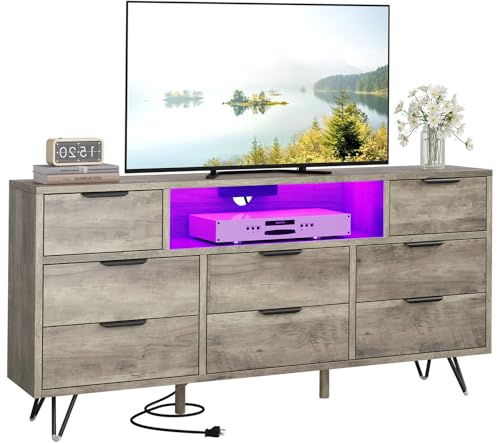TV Cabinet with Storage LED Lights,Power Outlets,Dresser with 8 D...