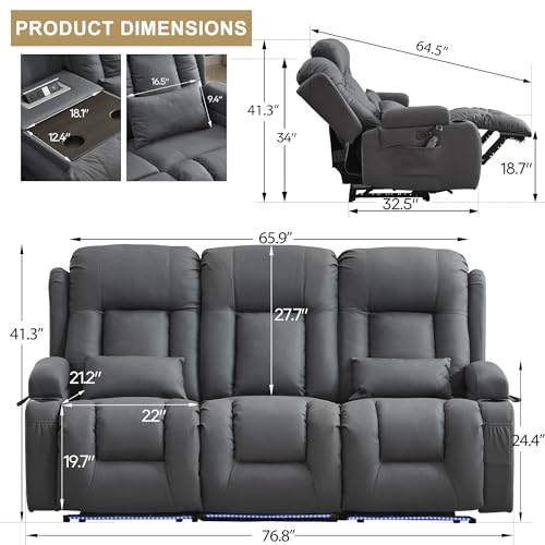 Image of URRED Wall Hugger Power Recliner Sofa with Massage and Heat,Blue Gray
