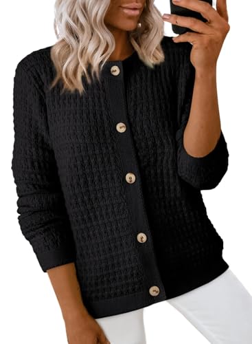 Dokotoo Cardigan Sweaters for Women Long Sleeve Christmas Winter Outfits 2026 Christmas Vaction Open Front Button Down Jacket,Color Black Large