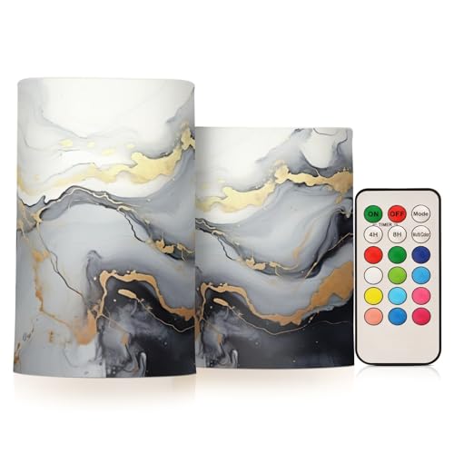 Image of Black Marble Flameless Candles with Remote, Set of 2 Battery-Operated Pillar Candles for Home, Christmas, Party Decor