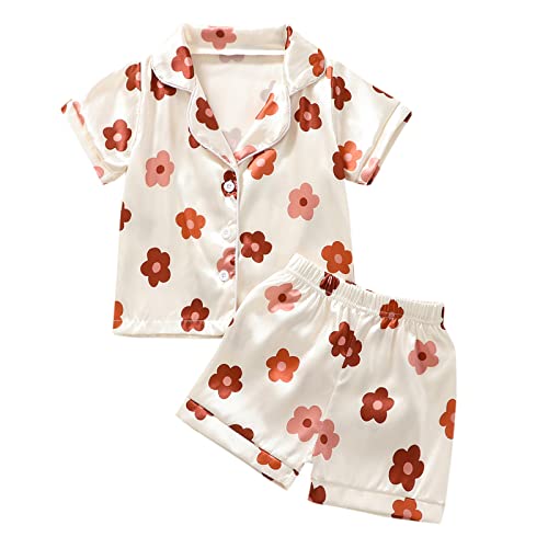 Qiylii 1-6Y Toddler Girls Floral Silk Pajamas Short Sleeve Button-Up Top Shorts Summer 2PC Flowers Satin Pajamas Set