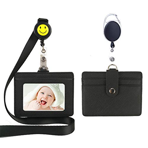 Lucstar Badge Holder Reel Clip Retractable with Lanyard Snap Button ID Card Holder Necklace Horizontal Vertical for Women Student Nurse Heavy Duty 1 Window 2 Back Slots Faux Leather