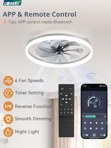 Image of LEDIARY Ceiling Fans with Lights, 23 inch Low Profile Flush Mount Ceiling Fan, Dimmable LED, APP & Remote Control, Quiet Reversible DC Motor, 6 Speeds, Fandelier for Bedroom, Grey
