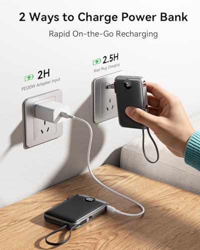 Image of Portable Charger Power Bank 10000mAh, 45% Smaller Built-in Cables & AC Plug