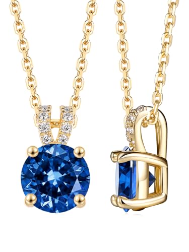 CYW 2 Carat Blue Sapphire Small Gold Round Necklace for Women 925 Sterling Silver Solitaire Pendant Necklace