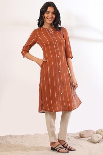 Image of Aurelia Women's Orange Yarn Dyed Cotton Blend Straight Kurta