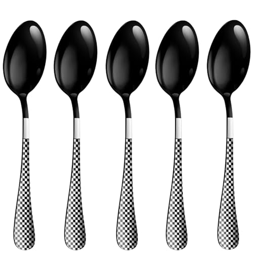 Image of Dinner Spoon Set of 5 ? 8.1 inch Charcoal Black Finish Tablespoons with Checks Printed Handle, Durable Stainless Steel & Dishwasher Safe Silverware for Home, Restaurant, and Gifting