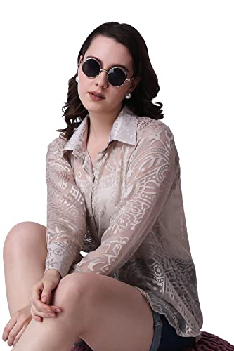 Image of POPWINGS Casual Net Laces Brasso Design Transparent Shirt for Women || Stylish Western Net Shirt for Women || Women Shirt for Summer || Full Sleeves Shirt for Women
