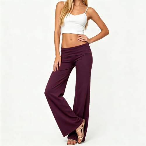 Image of Lounge Yoga Pants for Women Fold Over Low Waist Wide Leg Bell Bottoms
