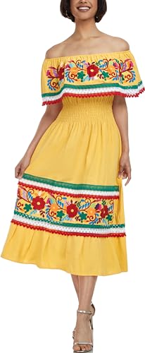 Image of YZXDORWJ Women Embroidered Mexican Peasant Casual Sexy Lace Off-Shoulder Long Dress