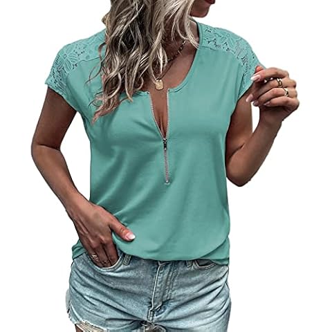 Blusa de verano para mujer con encaje y media cremallera, Cocoarm Cover